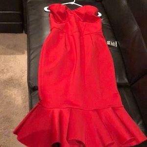 Red strapless midi dress